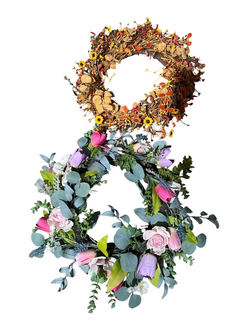 Set of Two Decorative Floral Wreaths - Spring & Autumn Styles